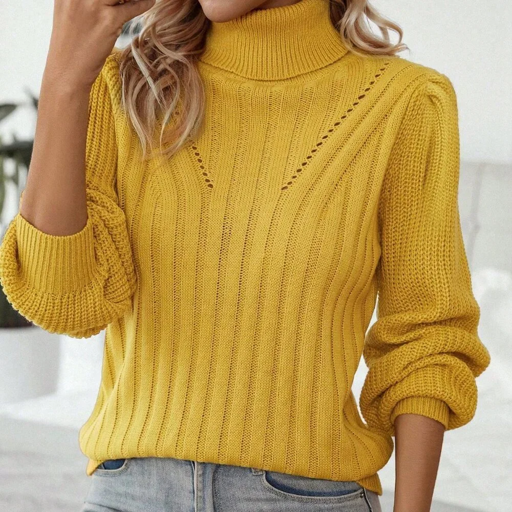Mustard Yellow Casual Women's Turtleneck Lantern Sleeve Sweater